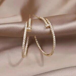Gold Nail Crystals Hoop Earrings